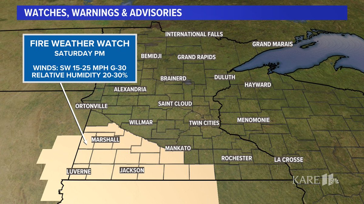 Strong winds along with low humidity and dry vegetation will create dangerous fire weather conditions. The good news is the winds will die down on Sunday and a good round of rain will arrive Tuesday and Wednesday helping our drought conditions. #mnwx #kare11 #kare11weather