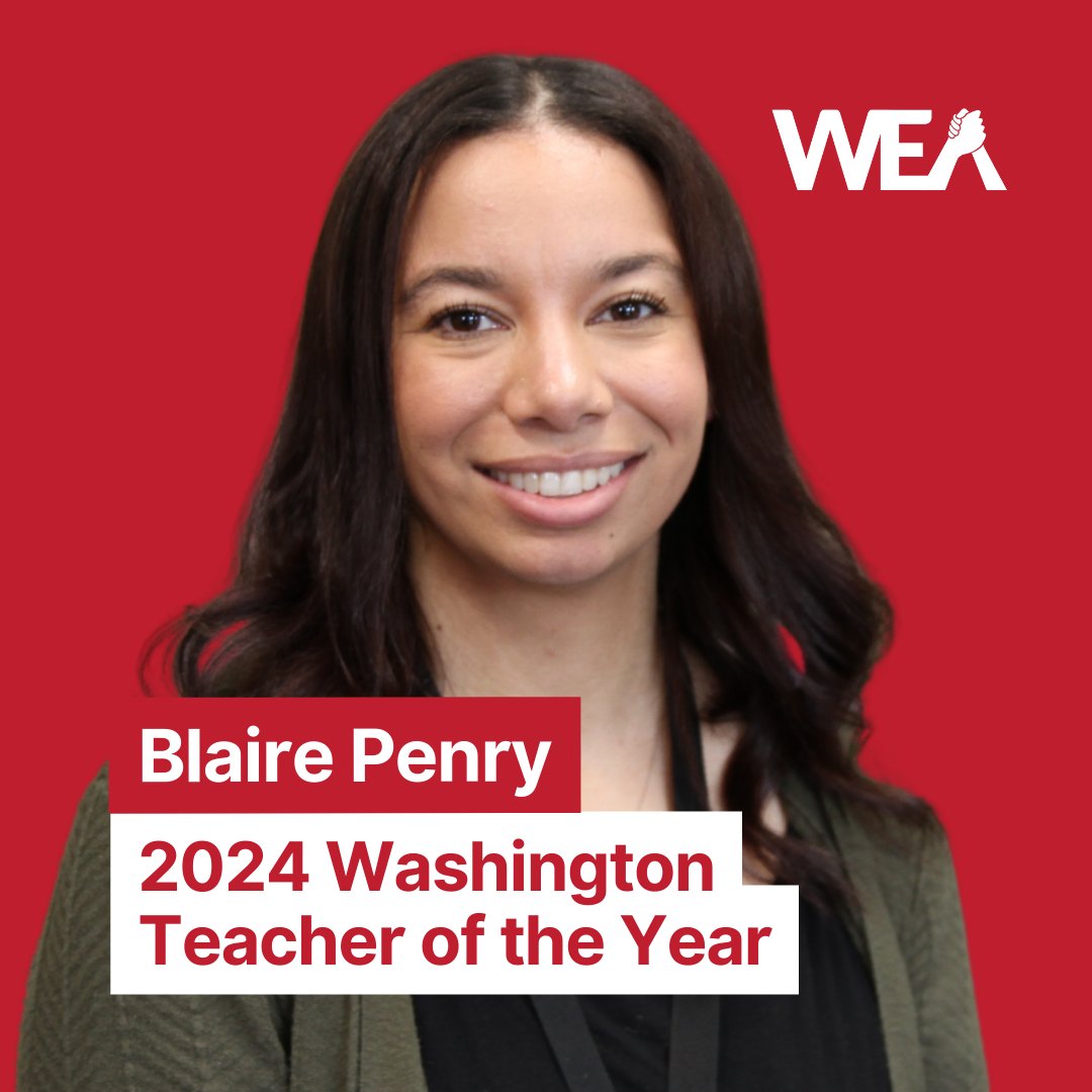 Congratulations to 2024 Washington Teacher of the Year Blaire Penry! 🎉🎉 Blaire, a member of Auburn EA, focuses her teaching practice on authenticity and inclusion, creating spaces for students to thrive. #WEA #WEARA2024