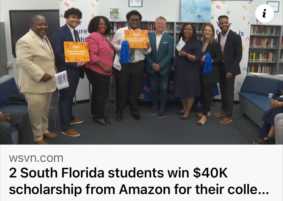 (1/2) Such excitement on campus today when @amazon was here to surprise McFatterTech HS Senior Ervin Cruz and SheridanTech HS Senior Christopher Raphael with an award of $40K for the Amazon Future Engineer Scholarship. @wsvn wsvn.com/news/local/bro…