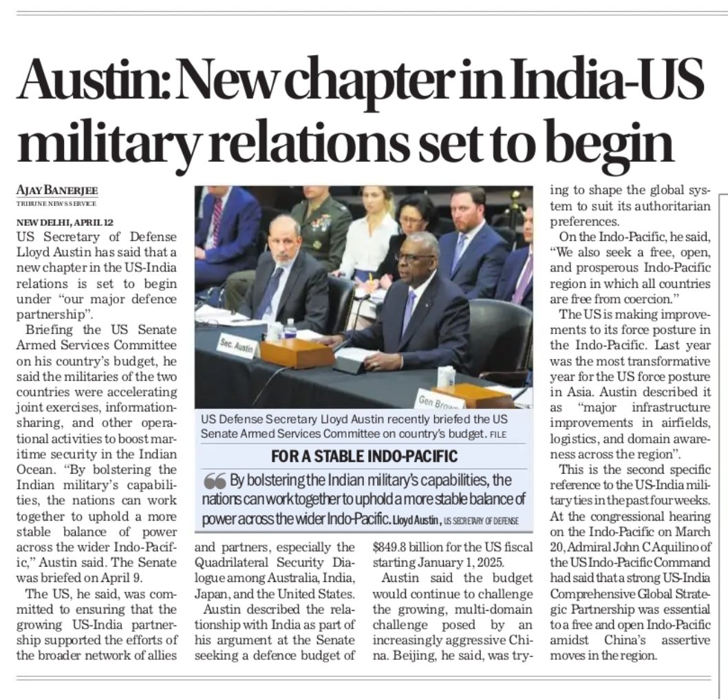 A new chapter in India US military relations is beginning, @SecDef told the US senate committee on armed forces. @thetribunechd @rajnathsingh @DeptofDefense @HQ_IDS_India @MEAIndia Text 👇 tribuneindia.com/news/india/aus…