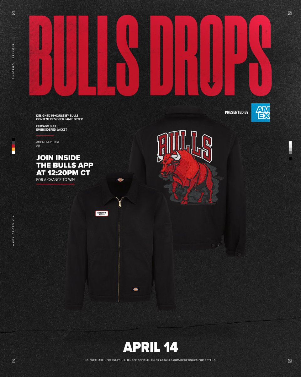 🚨 Bulls Drop Alert 🚨

Enter to win an exclusive drop of the Chicago Bulls Embroidered Jacket

Join our drop in the Bulls App on tomorrow, Sunday (4/14) at 12:20 pm CT for a chance to win, presented by @AmericanExpress!