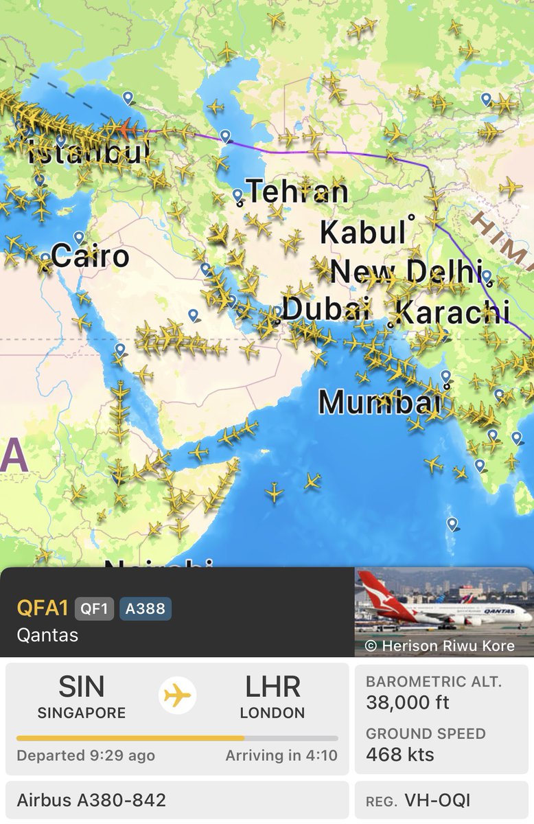 Qantas is taking no chances re war in the Middld East - today's QF1 has gone as far north as they can and QF9, the direct flight from Perth to London, was cancelled.