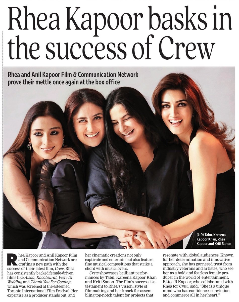 Rhea Kapoor basks in the success of #Crew Rhea and Anil Kapoor Film & Communication Network prove their mettle once again at the box office @AnilKapoor @kritisanon #Tabu #KareenaKapoorKhan @RheaKapoor