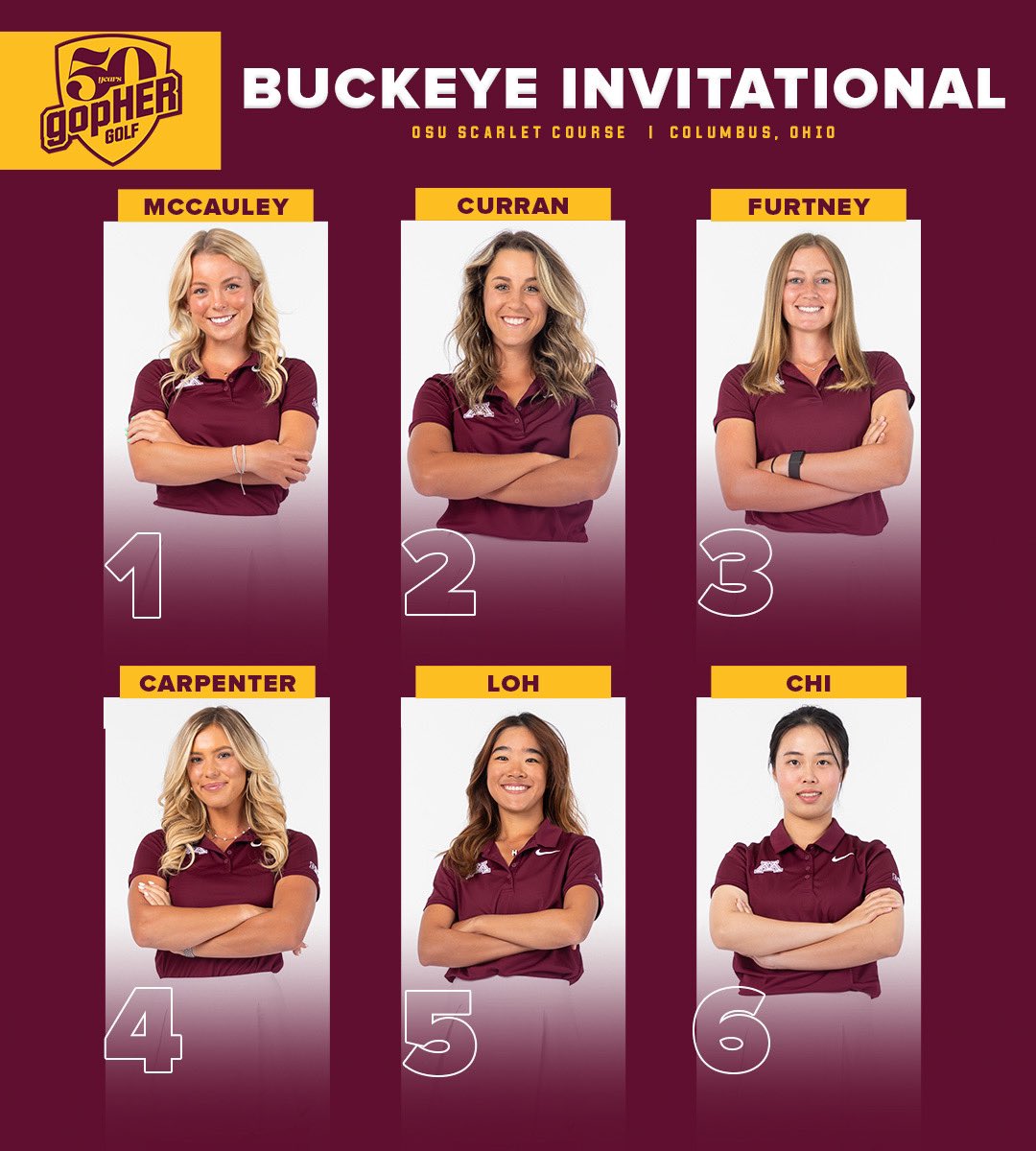 Our lineup for the Therese Hession Buckeye Invitational. 

We tee off at 7:30am CT on Saturday 〽️

#SkiUMah x #GoGophs