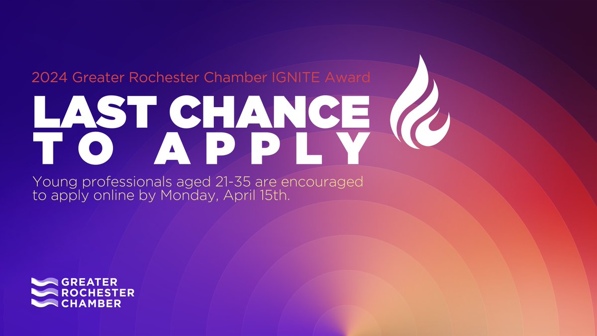 LAST CALL 🔥 Applications close EOD on Monday for our IGNITE Award, recognizing young professionals excelling in their field and making a difference in our community. If you know a young professional doing great things in #GreaterROC, nominate today: my.greaterrochesterchamber.com/form/Fill/Po27…