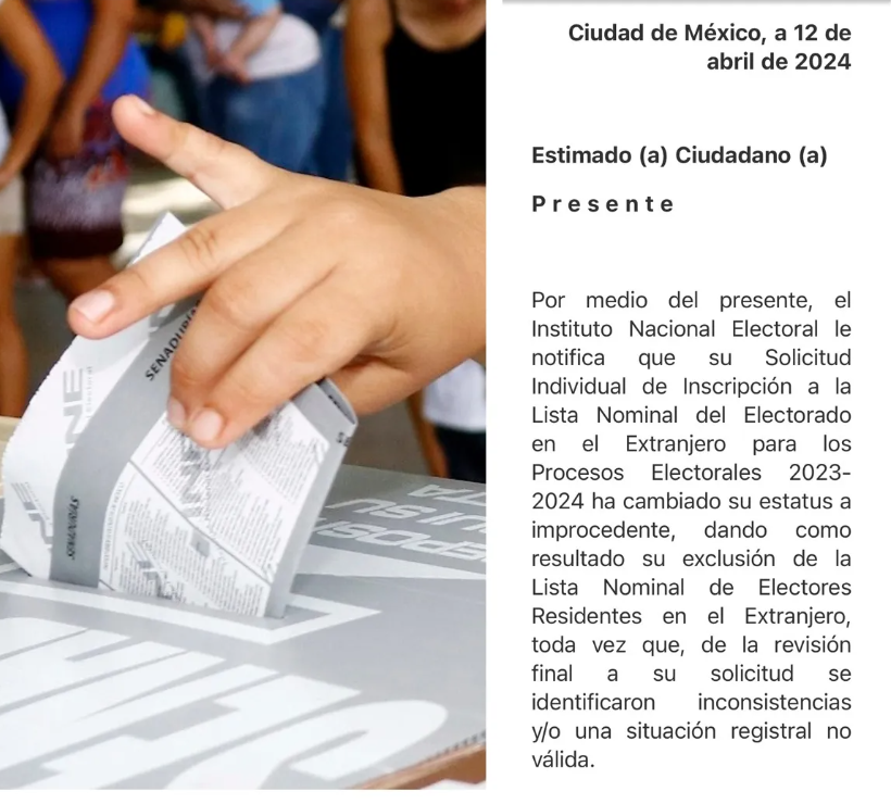 DirMegamedia's tweet image. CANCELAN DERECHOS | Protestan mexicanos en el extranjero: sin explicación clara de por medio, el #INE les cancela el derecho a votar el próximo 2 de junio. Los quejosos coinciden en que recibieron un aviso del INE para informarles que no estarán en la lista nominal de electores,