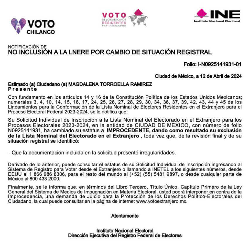 DirMegamedia's tweet image. CANCELAN DERECHOS | Protestan mexicanos en el extranjero: sin explicación clara de por medio, el #INE les cancela el derecho a votar el próximo 2 de junio. Los quejosos coinciden en que recibieron un aviso del INE para informarles que no estarán en la lista nominal de electores,