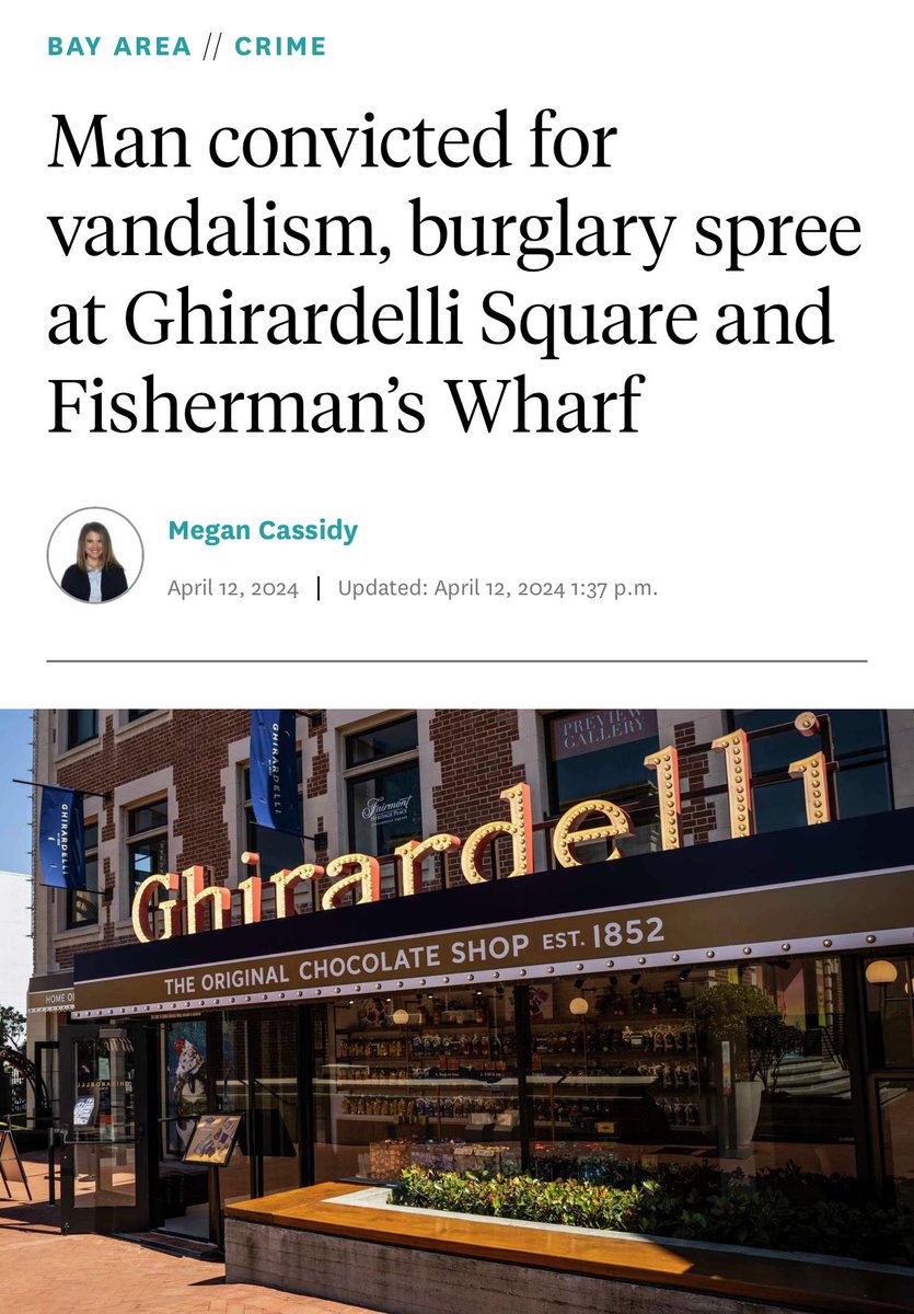 Great work by @SFDAOffice. A San Francisco jury convicted a 34-year-old man for a spate of vandalism and burglary incidents last winter in Ghirardelli Square & Fisherman’s Wharf. sfchronicle.com/crime/article/…