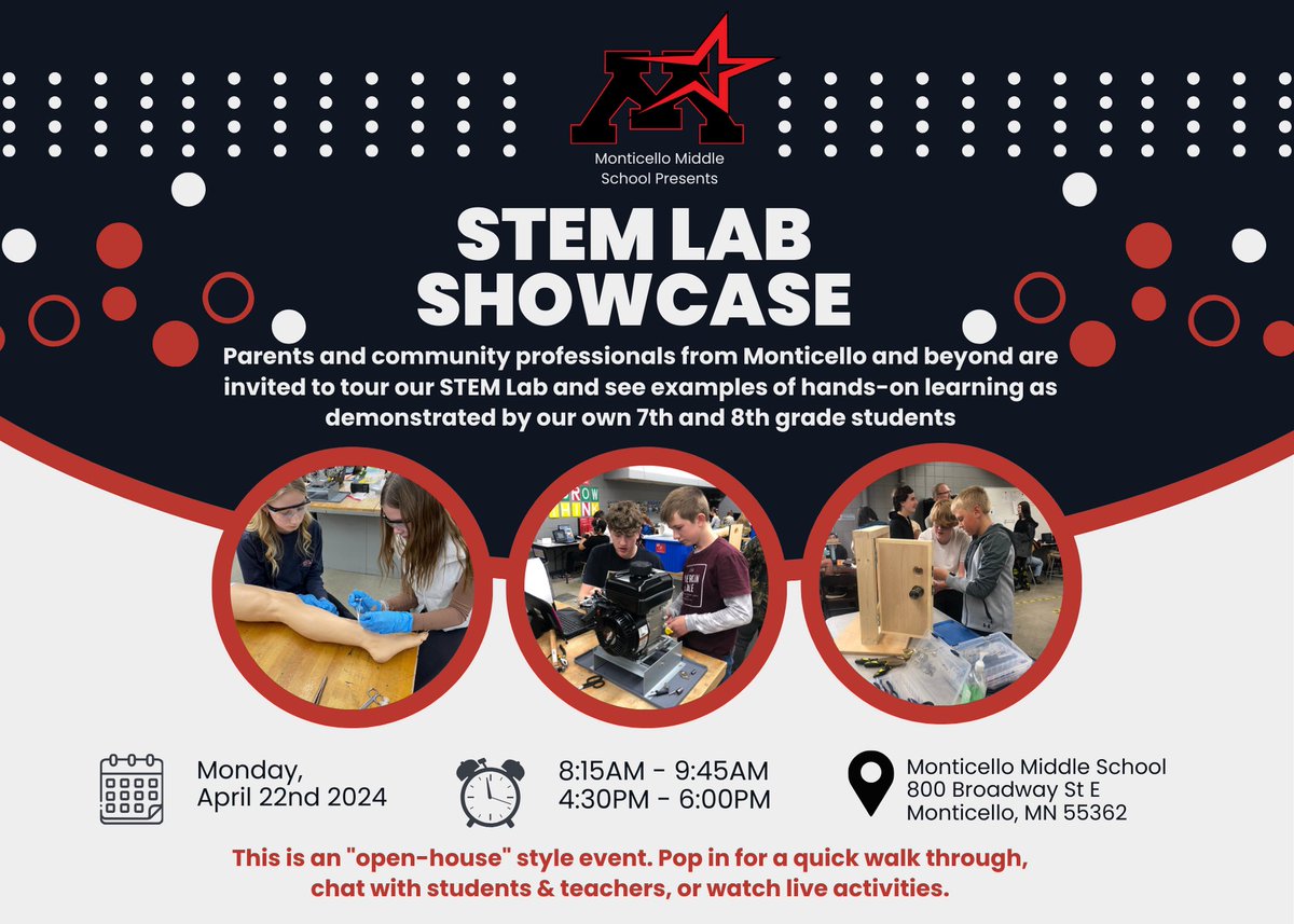 Please share! 📣🎉
We are inviting parents and community members to come to our Second Annual STEM Lab Showcase on Monday , April 23nd from 4:30-6:00. This is an opportunity to see our space as well as project examples from our 7th and 8th grade students.