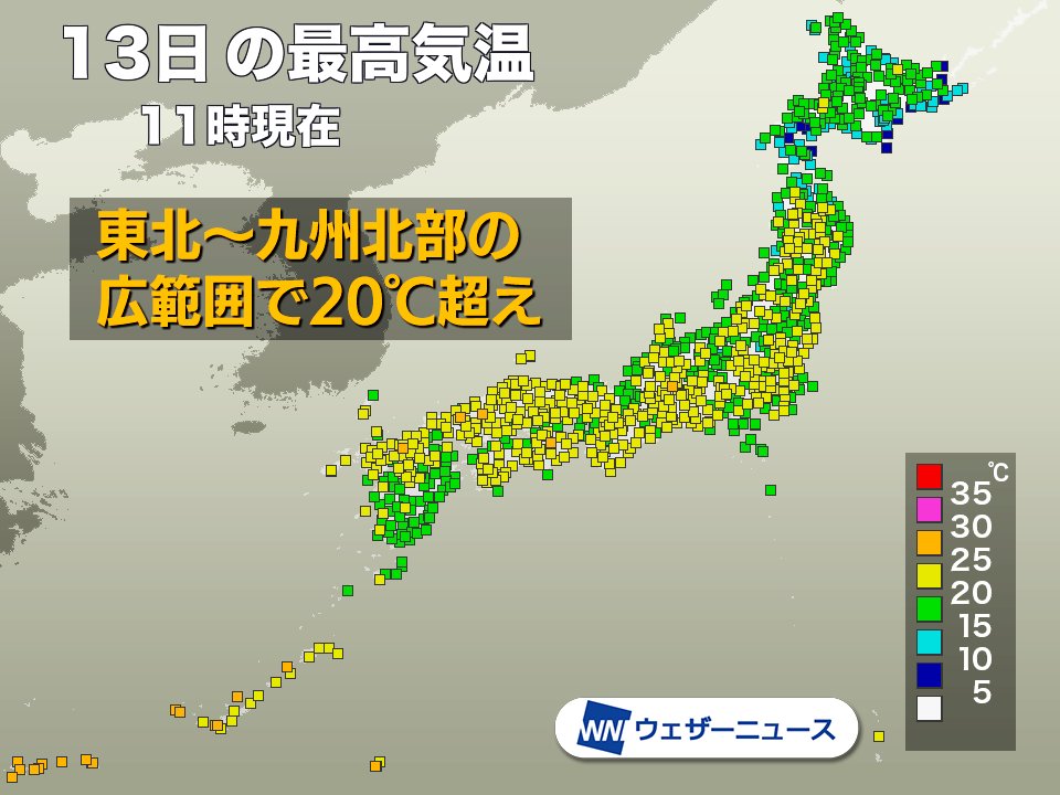 【東京は5日ぶりの20℃】 今日は高気圧に覆われて北海道〜九州北部の広範囲で晴れて春本番の陽気となっています。 午前中から既に20℃を超えているところが多く、北海道の札幌でも11時台に20℃を超えました。 午後も大きな天気の崩れはなく、お出かけ日和が続きそうです。 weathernews.jp/s/topics/20240…