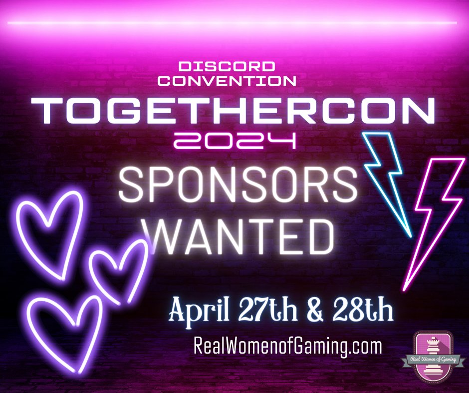 RealWomenGaming's tweet photo. #TogetherCon our annual #Discord #Convention is coming up & we are looking for sponsors! Different prices for different levels. Being a sponsor helps with TogetherCon, running costs & future charity events! If you have something to promote, check us out! https://t.co/lA3iDjZtZz https://t.co/RXZnd8kDOX