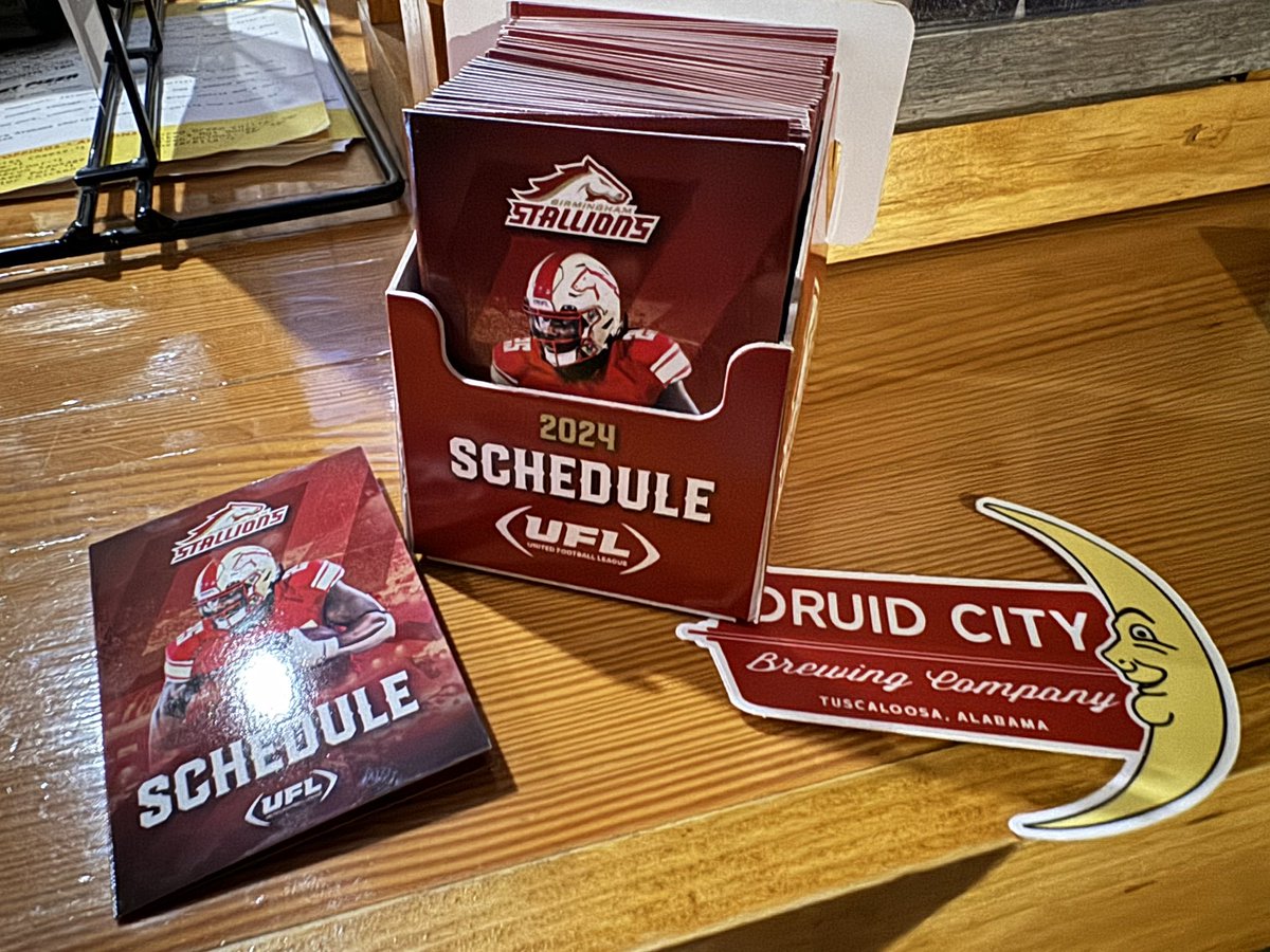 Tuscaloosa area Stallions fans!!! Be sure to stop by @DruidCityBrew for your Official 2024 @USFLStallions Pocket Schedule!! #UFL #GiddyUp #drinklocal #springfootball