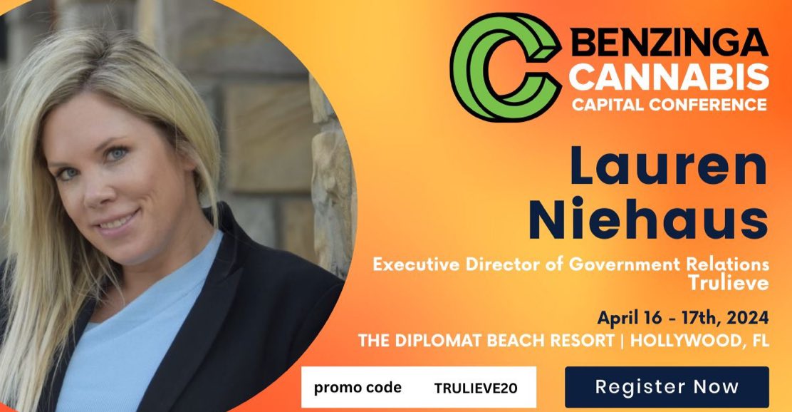 I am looking forward to joining my colleagues at Benzinga's Cannabis Capital Conference next week to discuss progress on federal reform! @BzCannabis @Trulieve Snag your tickets with our promo code: Trulieve20 See you there!