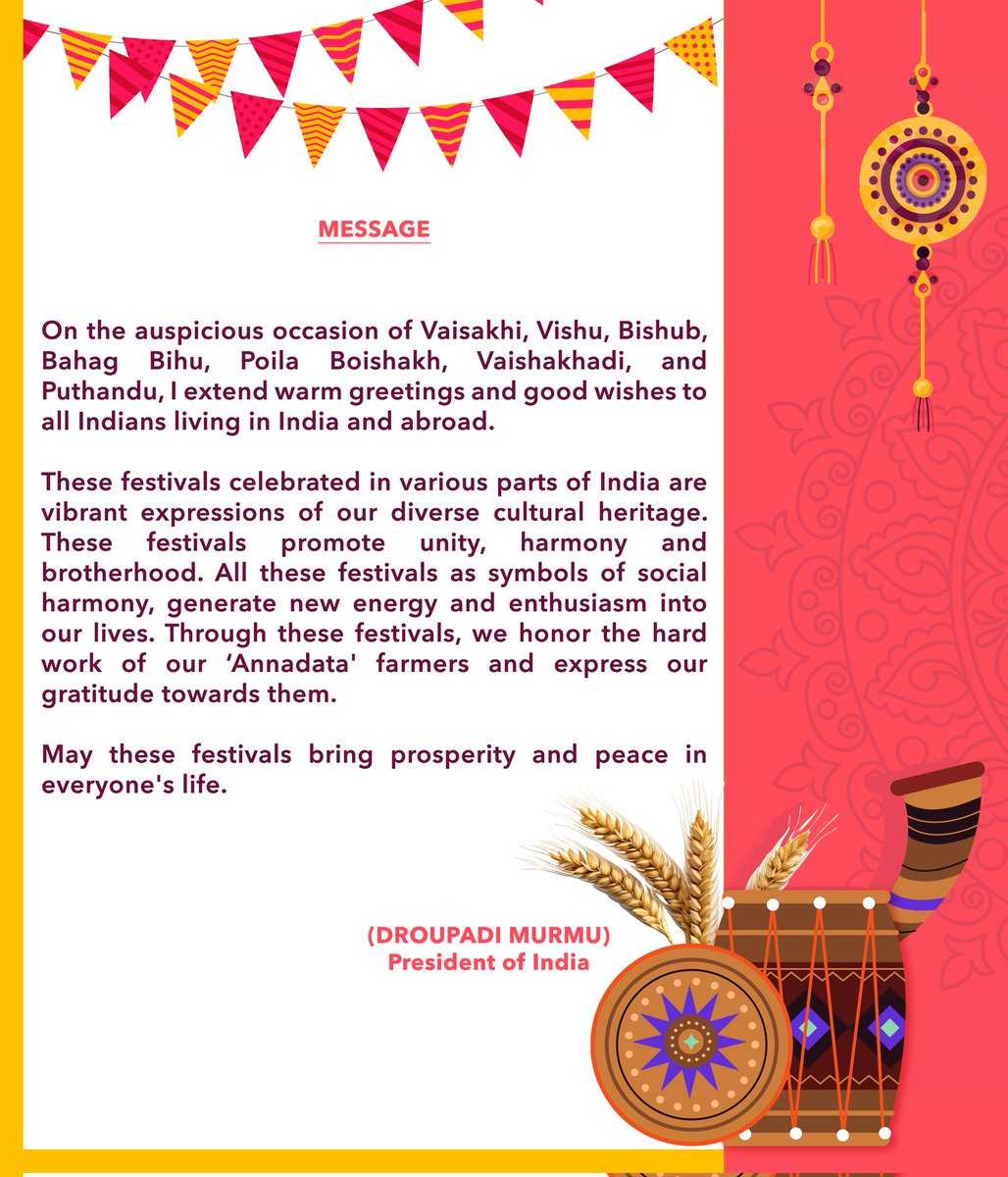 On the auspicious occasion of Vaisakhi, Vishu, Bishub, Bahag Bihu, Poila Boishakh, Vaishakhadi and Puthandu, I extend warm greetings and good wishes to all Indians living in India and abroad.