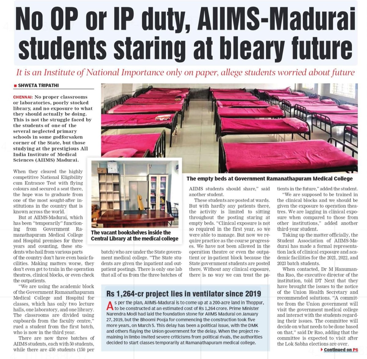 Shweta_journo's tweet photo. No proper classrooms or labs, poorly stocked library, and no exposure to clinical practice. This is not the struggle faced by the students of a neglected primary school, but those at #AIIMSMadurai. #AIIMS
#Madurai
@dt_next
https://t.co/KdcTcTtfA2 https://t.co/C3FqTaFtsf