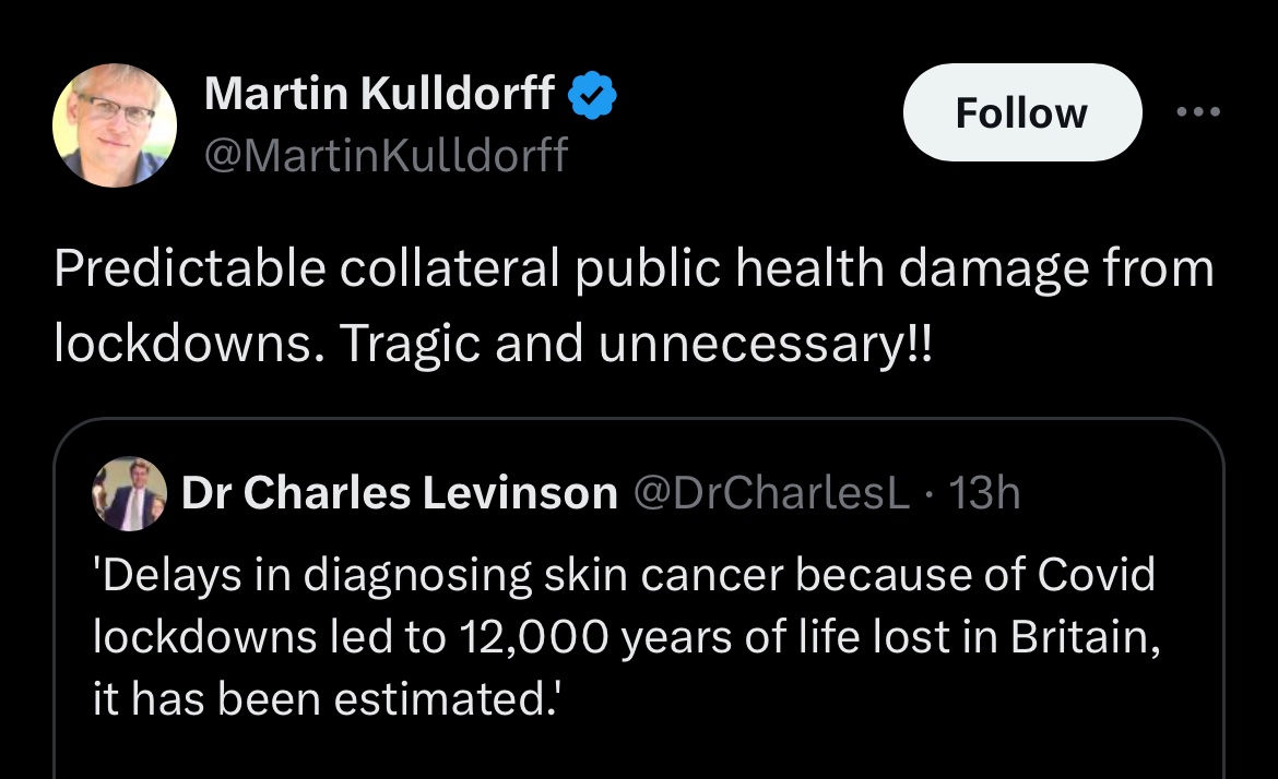 Of the 2,500 US pediatric CVD-19 deaths that Martin Kulldorff championed by rallying to mass-infect kids with a brand new pathogen, they combined have lost ~100,000 years of productivity, innovation, etc. Martin does not care about them.