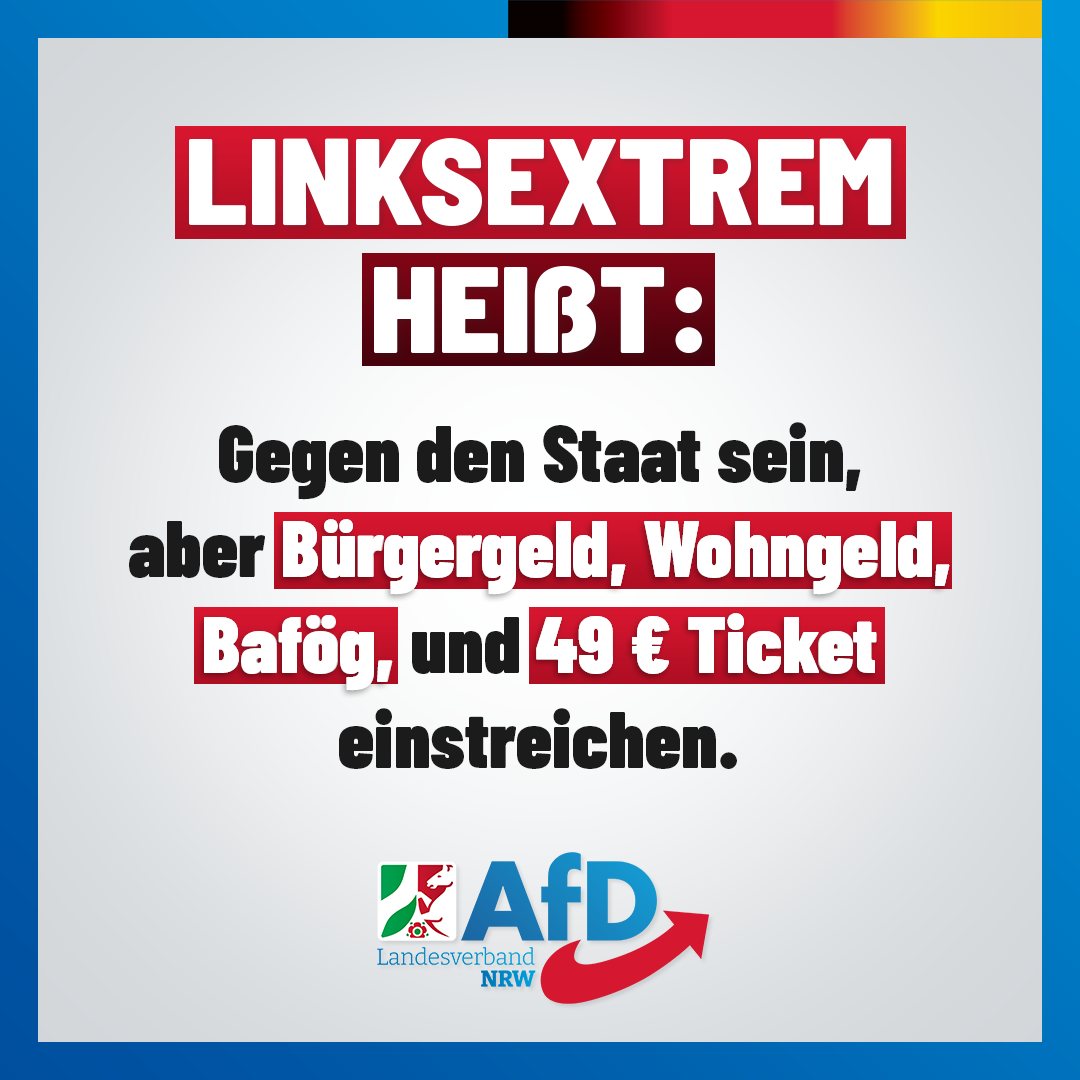 ++ #Linksextrem heißt: Gegen Staat sein UND Bürgergeld, Wohngeld, Bafög & 49-€-Ticket einstreichen. ++ Linke sind Meister des inneren Widerspruchs. Die kognitive Dissonanz geht dabei so weit, dass man sich als Feind des Staates wähnt, aber gleichzeitig die Regierung stellt. #AfD