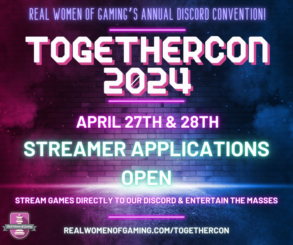 RealWomenGaming's tweet photo. Our annual #Discord #Convention is coming up and apps for streamers are open! #TogetherCon is April 27th & 28th. Stream games directly to our discord! Meet new people, network, have a blast! More information https://t.co/lA3iDjZtZz https://t.co/m0fHnHn6Sl