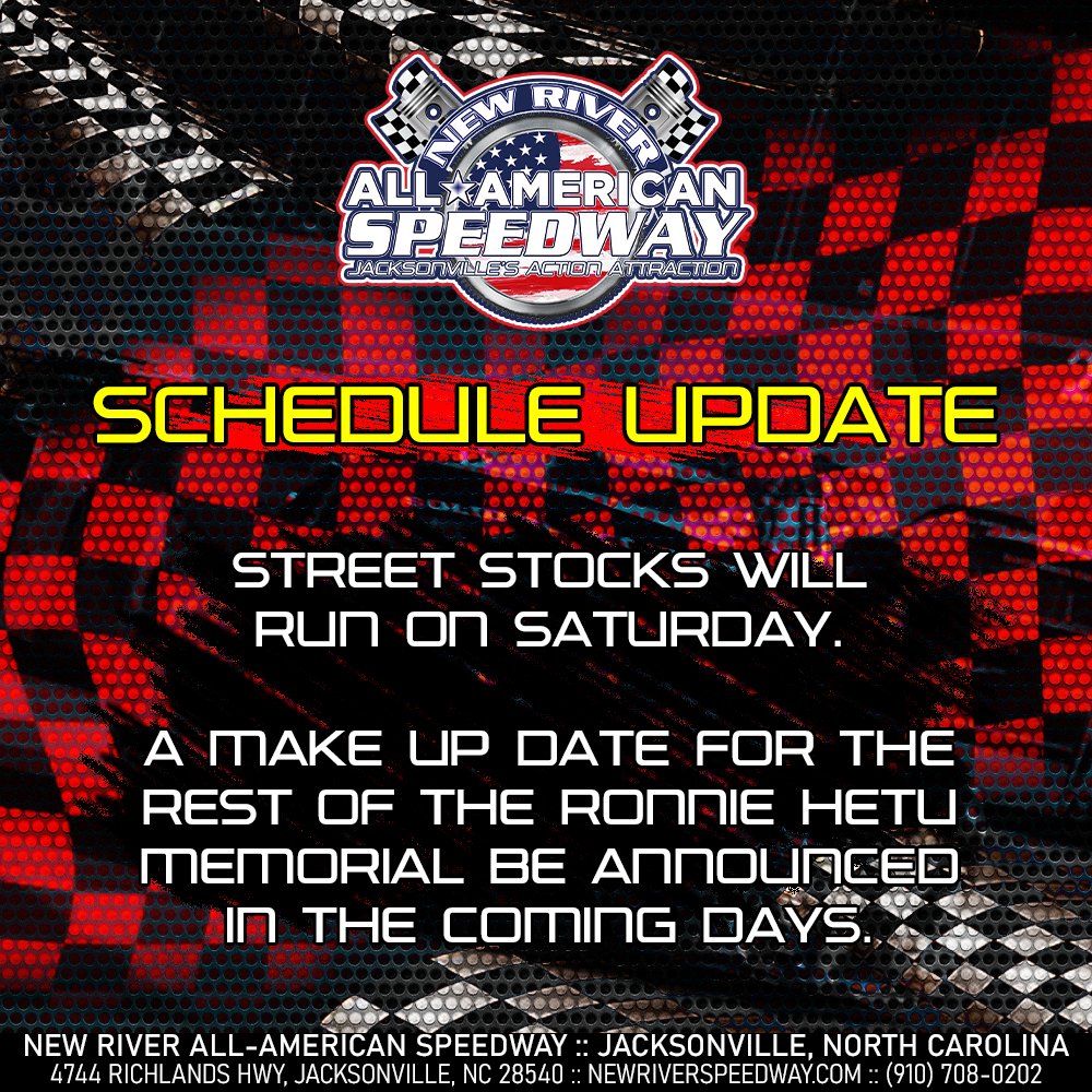SCHEDULE UPDATE: Street Stocks, we'll see you tomorrow night. The remainder of the Ronnie Hetu Memorial, which was called off Friday due to extreme weather, will be made up in its entirety at a later date, which we will announce in the coming days.