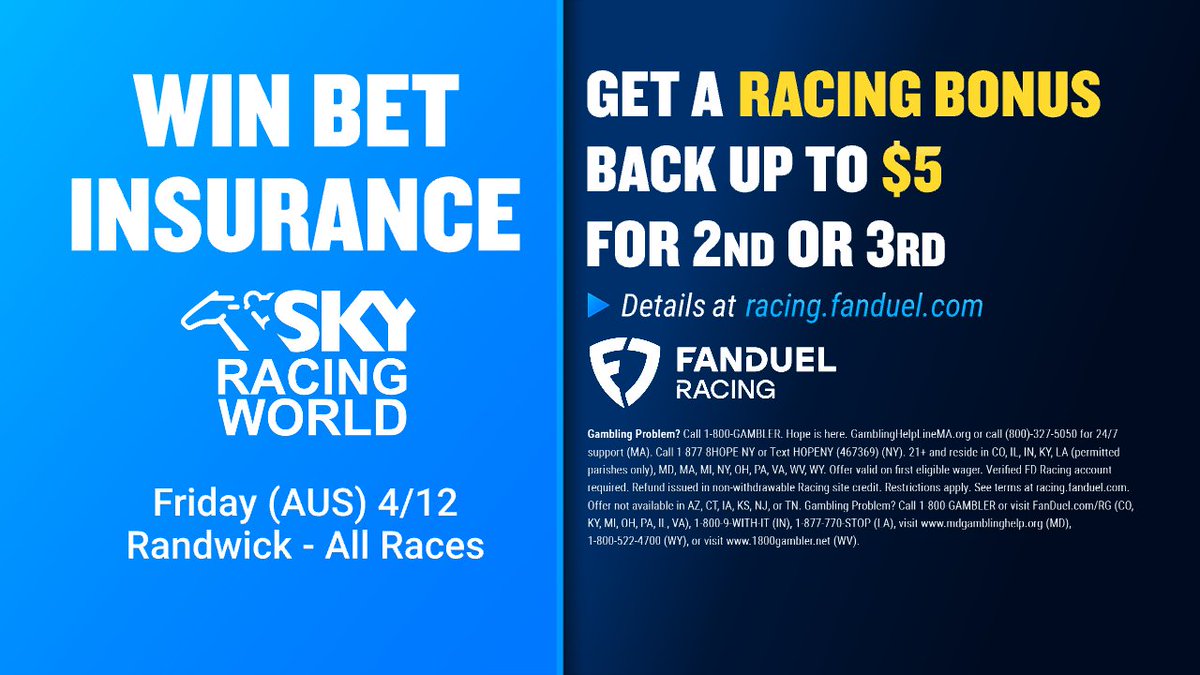 🇦🇺 Take advantage of the FanDuel Racing Randwick Win Bet Insurance and get a racing bonus back up to $5 for 2nd or 3rd on ALL races at Randwick today! Learn more here: racing.fanduel.com/?promo=win-bet…