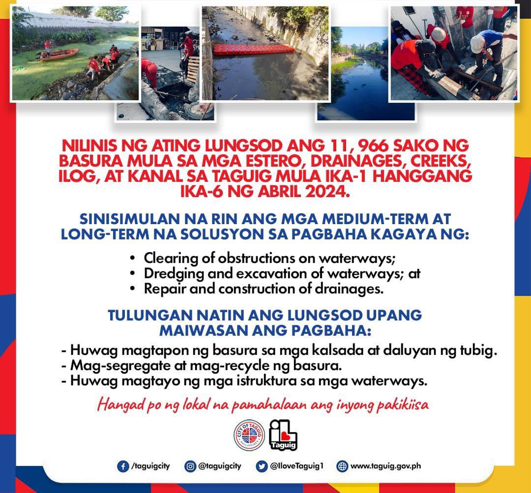 Patuloy ang inyong lungsod sa pagsasagawa ng flood control activities - Installation of floating trash traps - Regular cleaning of drainages - Removal of sludges and cement from drainages near batching plants - Regular cleaning of creeks #ILoveTaguig