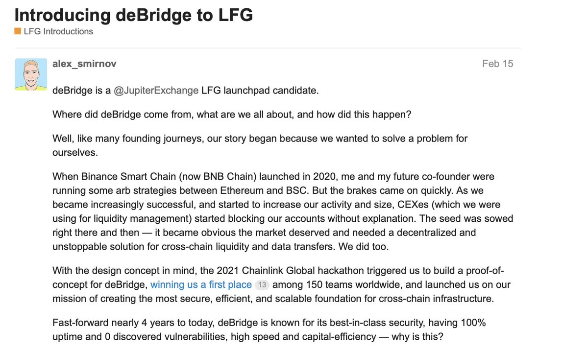0xWelfare's tweet photo. comprehensive @deBridgeFinance farming guide 🪂

💰 funding: 5.5m

how to earn points:
• $1 in fees paid = 100 points
the goal here is to generate as much fees as possible while minimising slippage and gas costs. remember, only CROSSCHAIN txs count 

💡 best routes ive found:
• arb -> polygon (7c gas, 320 pts)
• linea -> polygon (9c gas, 320 pts)

deBridge will most likely tge on @JupiterExchange launchpad, so for this reason + getting a 2nd wallet (non-evm) eligible, we have a bonus route! 

hint: use @solflare_wallet for a bonus, stackable 1.1x multiplier

bonus route:
• solana -> polygon (65c gas, 224 pts)
as you can see, bridging TO polygon is often the cheapest route, however bridging FROM polygon gives very negligible points (only 40)

so, i would recommend using something like @jumperapp to bridge off polygon
tge has been confirmed for after this season, and i wont be surprised if they do another raise soon as their first was back in 2021

based on their blog post, points could be tiered and/or have bonus criteria. to go for max allocations, we should aim for other metrics also such as:

• volume ($10k, $50k, $100k, $1m+)
• point milestones (10k, 25k, 50k, 100k+ etc)
• source + destination chains (use all if possible)
• tx count (10, 25, 50, 100+)
• destinct months used (3, 6, 9, 12)
as always, try to keep ur farming as organic as possible while optimising where u can. i have a ref link below if u wanna use it: https://t.co/RaTXYV3xdF

wagmi. 🫡