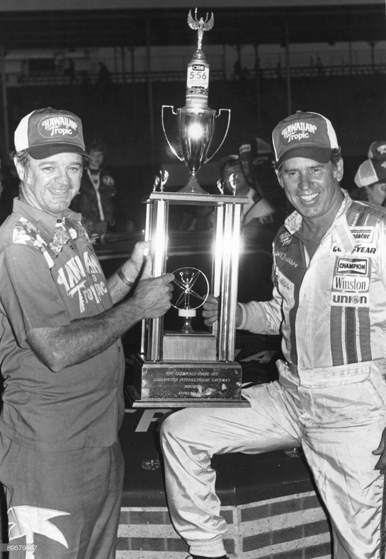 44 years ago today, Hoss Ellington & David Pearson after winning the rain-shortened 1980 CRC Chemicals Rebel 500 @ Darlington. Pearson's 105th & final NASCAR Cup win.