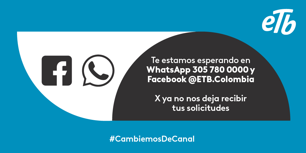 💻 Escríbenos a nuestro WhatsApp bit.ly/ETBWhatsapp o a nuestro Facebook: bit.ly/ETBMessenger ☑️ Para brindarte atención a todas tus inquietudes y solicitudes, #JuntosEnOtroCanal #CambiemosDeCanal