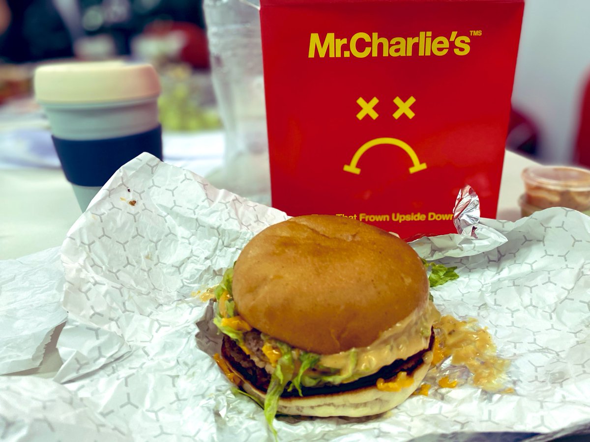 TasVegan's tweet photo. Got to try Mr. Charlie’s in Sydney last week. 
Redfern absolutely smashing the #veganjunkfood goals. 
Frowny Meal with a Big Mista #veganburger, nuggets, fries and dipping sauces.
Perfect old school “sometimes food” vibes. 🌱💚🍔
#tasveganontour #whatveganseat #vegan #TasVegan https://t.co/aMTdx2pB2c
