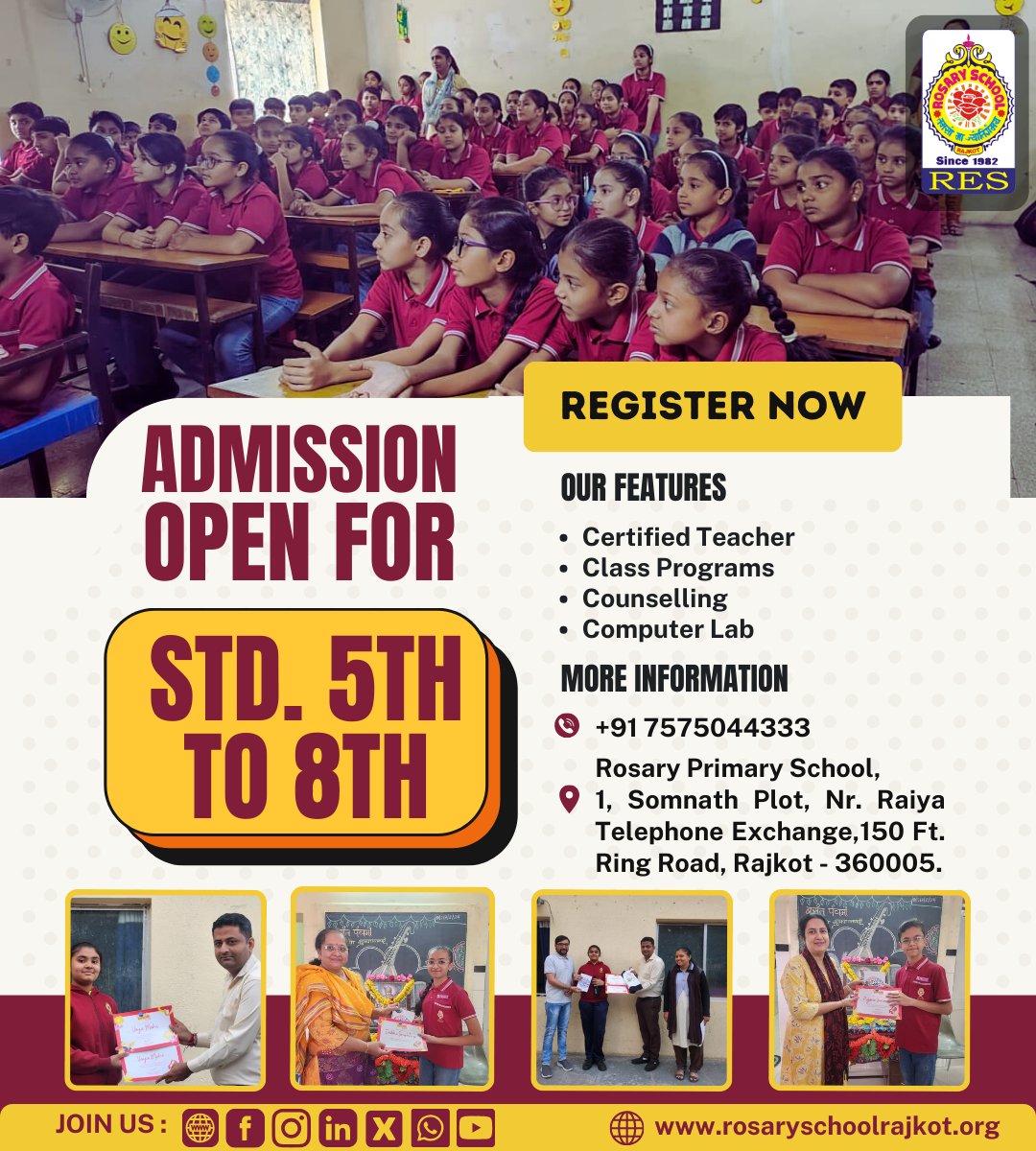 Success Starts Here!!! Admission Open for Upcoming Academic Year 2024 - 25. Now Open for registration. Our location : Rosary Primary School, Somnath 1, Nr. Raiya Telephone Exchange, 150 feet ring road. Contact - 0281-2577447, 7575044482