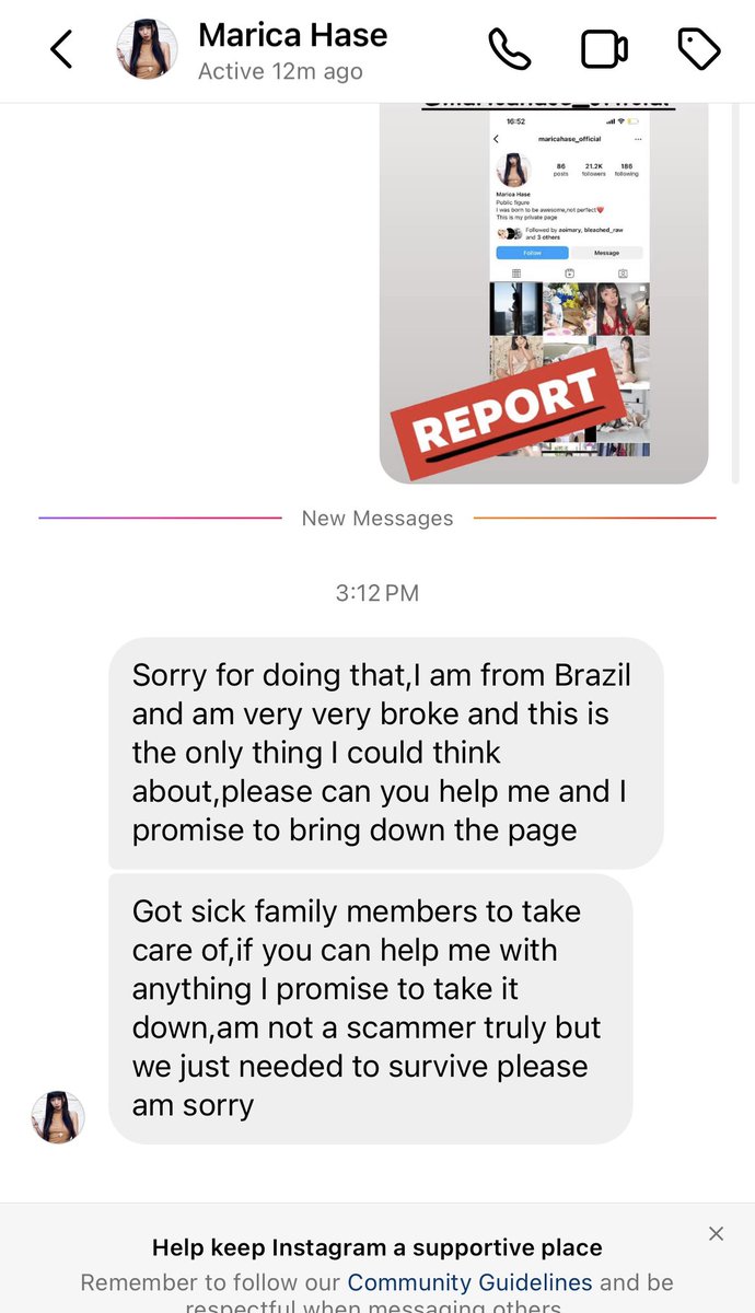 The fake account using my name and steal money from my fans. Then he messaged me for help???? @instagram you guys suspend my account with ☑️8times. But why you guys don't suspend real scammer?🤔I have a proof🫢