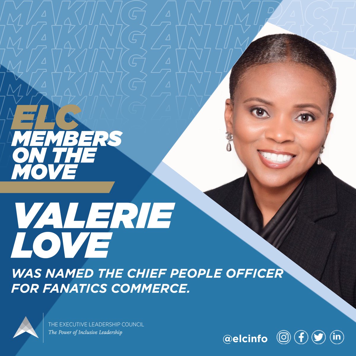 Congratulations to #ELCMember Valerie Love, who was named the Chief People Officer for @Fanatics Commerce. #ELCMembersOnTheMove #BlackWomenLead #BlackExecutives #BlackLeadership