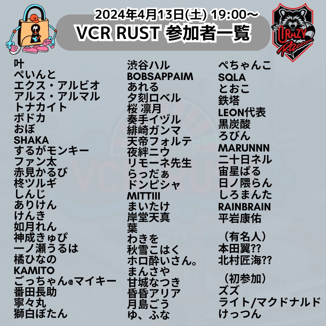 Streamer_Japan's tweet photo. 【VCR RUST 参加者一覧】
2024/04/13(土)19:00-頃
〜終了日程は未定

#VCRRUST #シーズン4 
#CrazyRaccoon #vaultroom 

※ご本人が言及されていた部分から参照して掲載しました。確実に参加されるというかは不明なのであらかじめ注意してください。 https://t.co/wAj9ZgaWcs