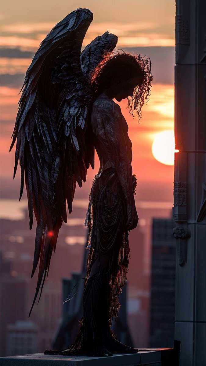 dark angel, fallen son , the dying light of evening gleams of the iridescent wings of the seraph King, he stands powerful and resolute, for what's to come