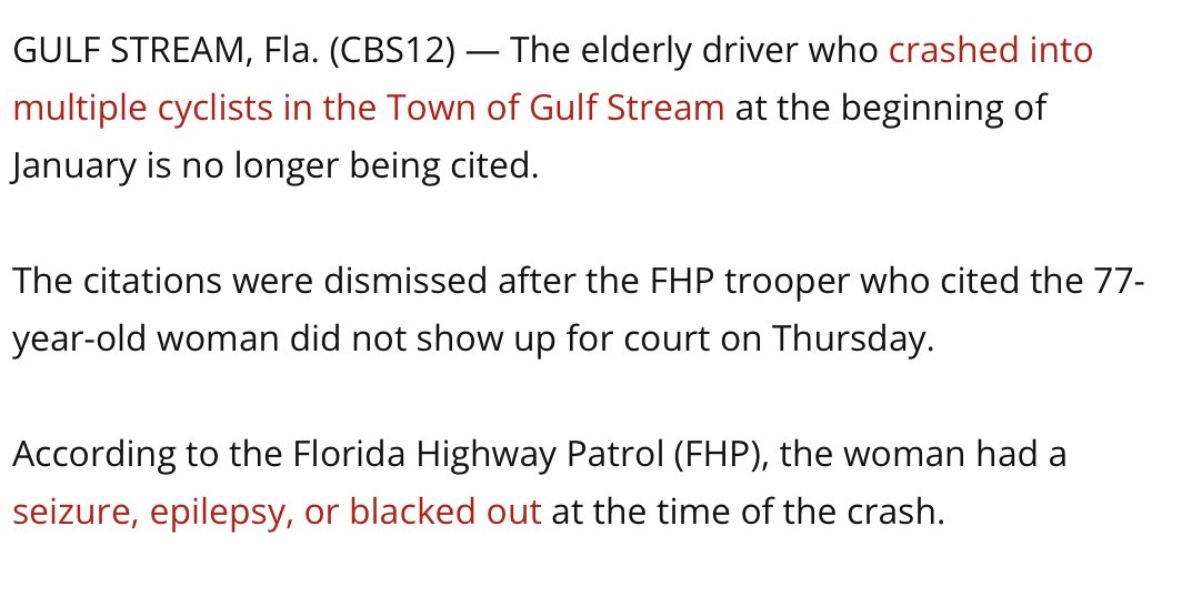 Do you remember the incident in Florida where an older woman drove into a large group ride at dawn in January, severely injuring 3 riders? I often think I've seen everything, but check out this completely bullshit explanation of why this driver isn't going to be charged.