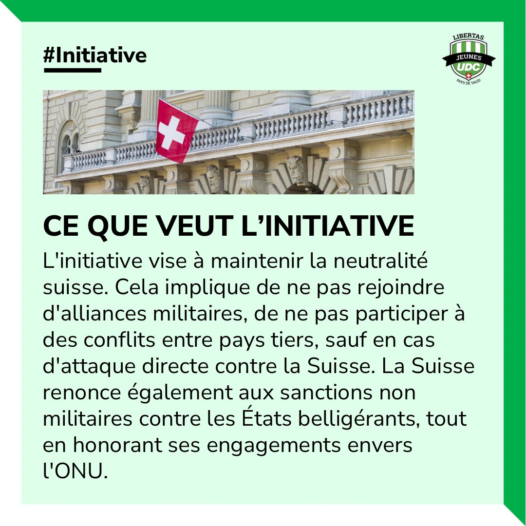 ➡️ Publication des Jeunes UDC Vaud

—

«Sauvegarder la neutralité #suisse»

Le #peuple votera sur l'#initiative sur la #neutralité 🇨🇭🕊️

Lisez les trois images ci-dessous afin de mieux comprendre 👇