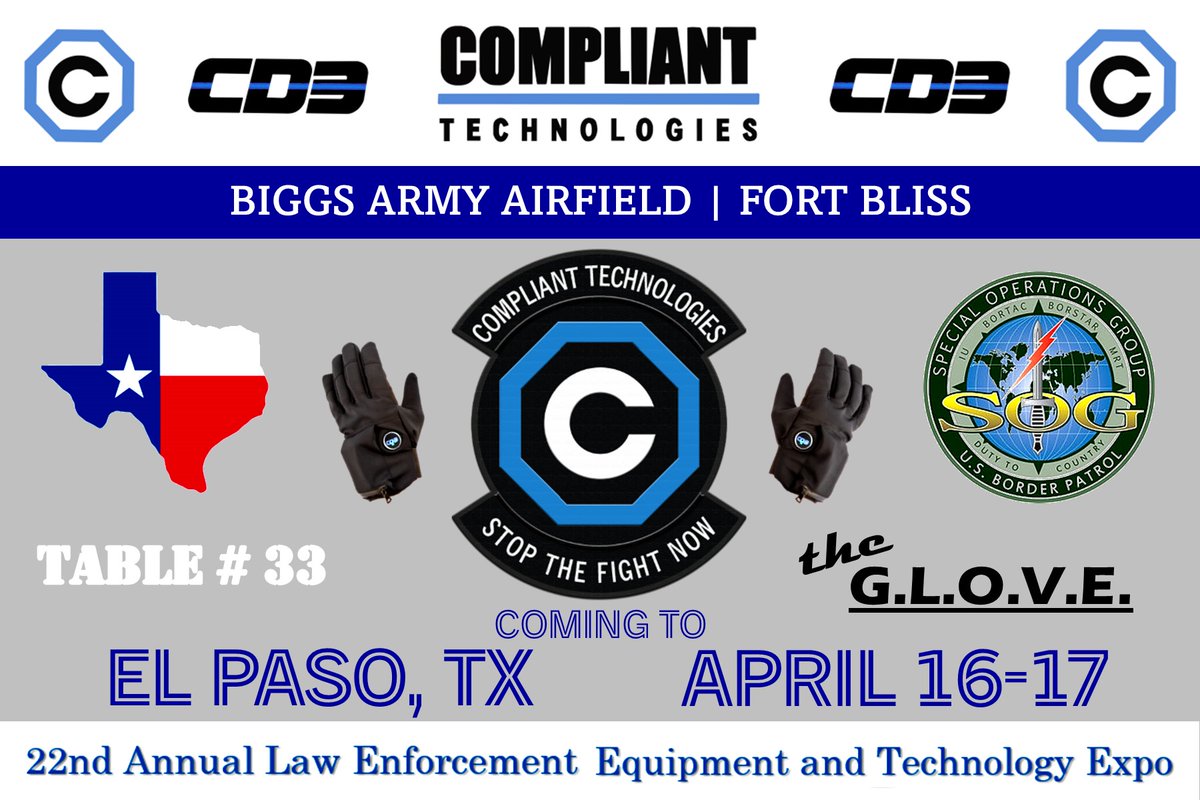 Hello Texas! Our CD3 Technology Can help your Officers, Your Community and your Bottom Line! Anyone attending the SOG Expo at Fort Bliss can come by and see first hand how we #STOPTHEFIGHTNOW Protect your People, your Image and your Budget. @BorderPatrolFND