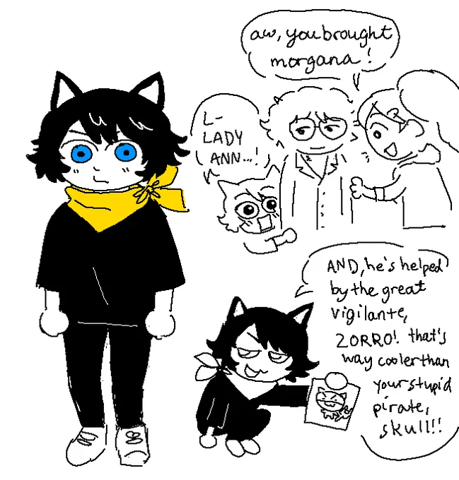 whenever people make "non-metaverse" AUs of persona 5, they always make morgana a cat, which is boring to me.  morgana is not a cat.  morgana is joker's annoying younger brother who makes smoke bombs and yells at him to go to bed.  do you see my vision here 