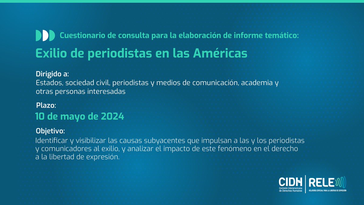 ¿Exilio? Sí. El exilio es una realidad que viven las personas periodistas y comunicadoras de la región. Por eso, la @RELE_CIDH insta a Estados, periodistas, medios de comunicación u organizaciones, para que compartan sus insumos. Detalles: oas.org/es/cidh/jsForm…