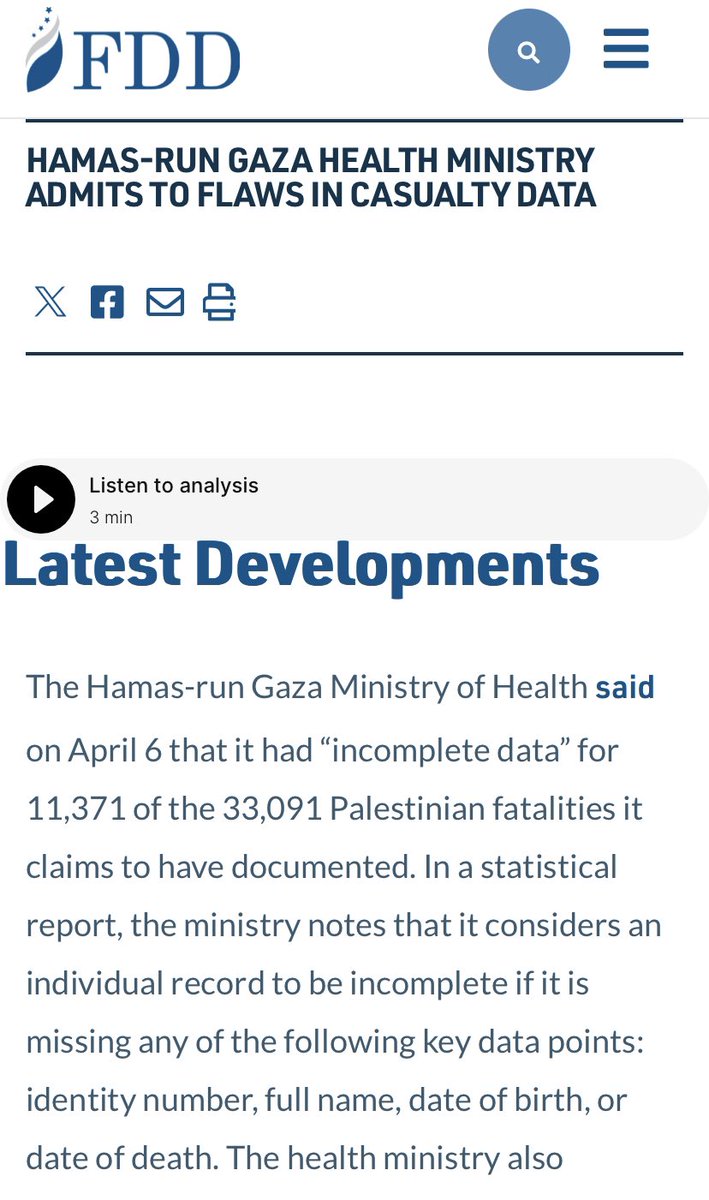 The FDD ironically just further highlighted how rigorous the Gaza Ministry of Health casualty reporting actually is. For the MoH to consider a lack of ID number, full name, DOB, or exact date of death to be “incomplete data” shows they go above & beyond in identifying remains.🧵