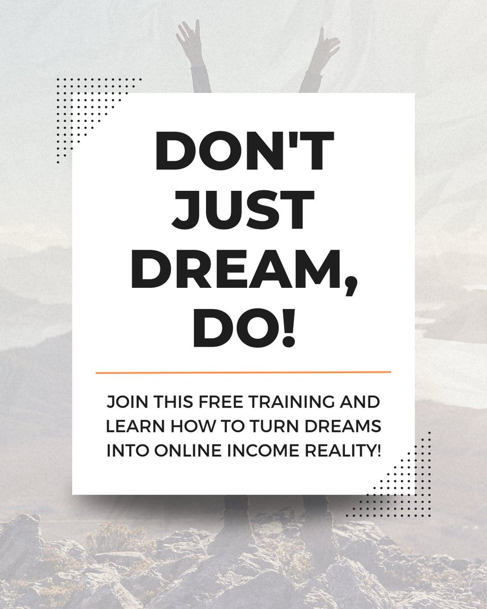 Ready to earn online? 🚀 Join our FREE training and transform dreams to income! 
🌟 Dream Mapping
✅ Actionable Strategies
💡 Mindset Shifts
🎉 Success Stories

Comment 'DREAM TO REALITY' to join!

#DreamToReality #FreeTraining #OnlineIncome