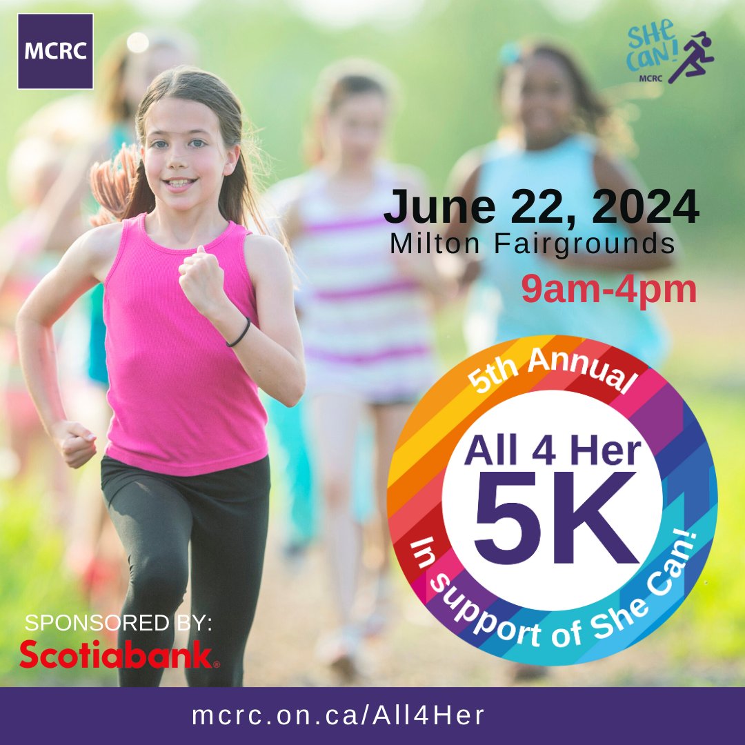 Register for MCRC's 5th Annual #All4Her5K on June 22 in support of She Can!
CONTEST: The first 25 registrations done with a min. $100 donation (individually or towards your team) will receive an All 4 Her 5th year cap. Offer ends May 5th. Visit mcrc.on.ca/all4her