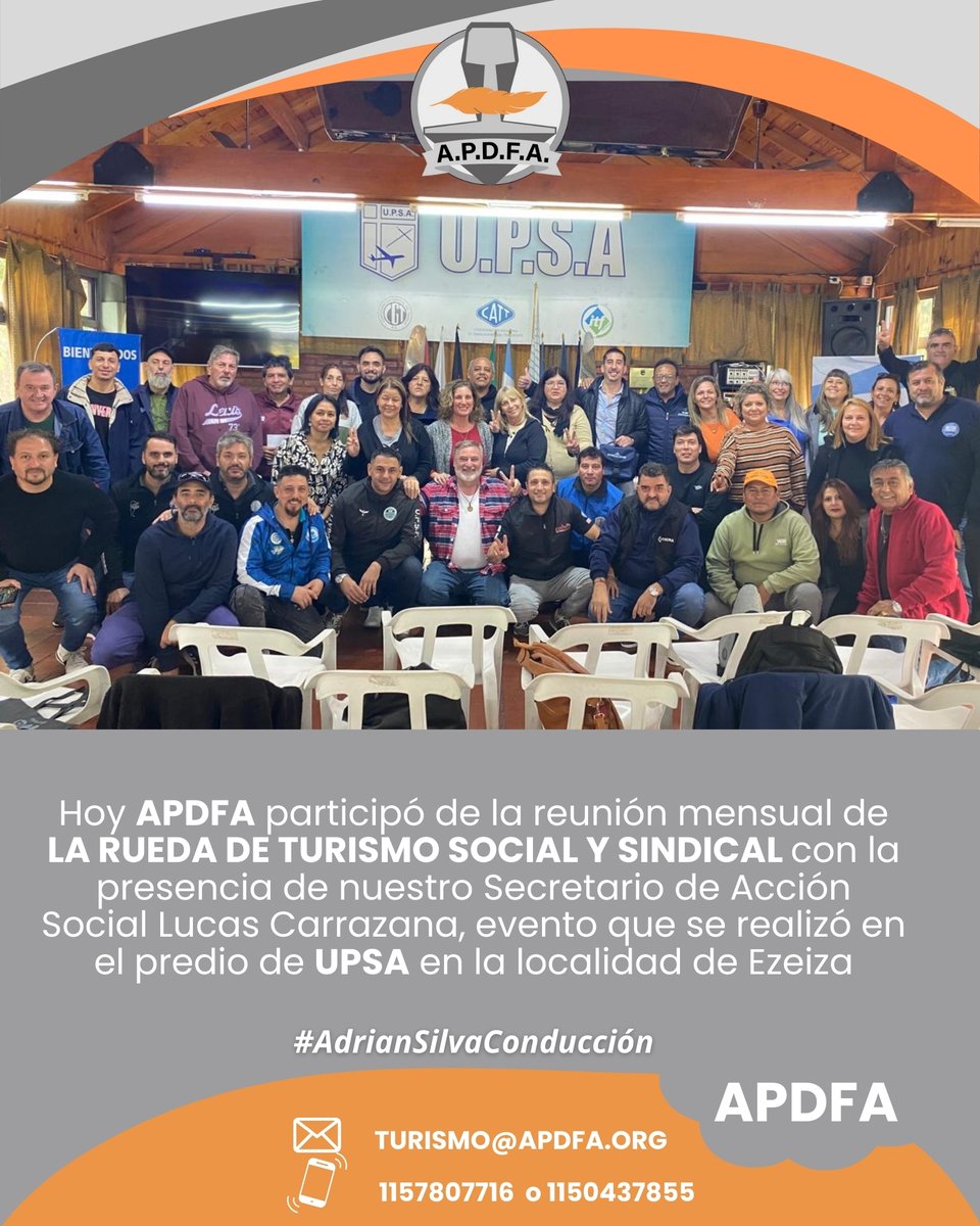 Apdfaturismo's tweet photo. Hoy APDFA participó de la reunión mensual de LA RUEDA DE TURISMO SOCIAL Y SINDICAL con la presencia de nuestro Secretario de Acción Social Lucas Carrazana, evento que se realizó en el predio de UPSA en la localidad de Ezeiza

@ApdfaAdrian 
@apdfanacional 
@APDFApuertosOK 
@japdfa https://t.co/vH8FjSv5SX