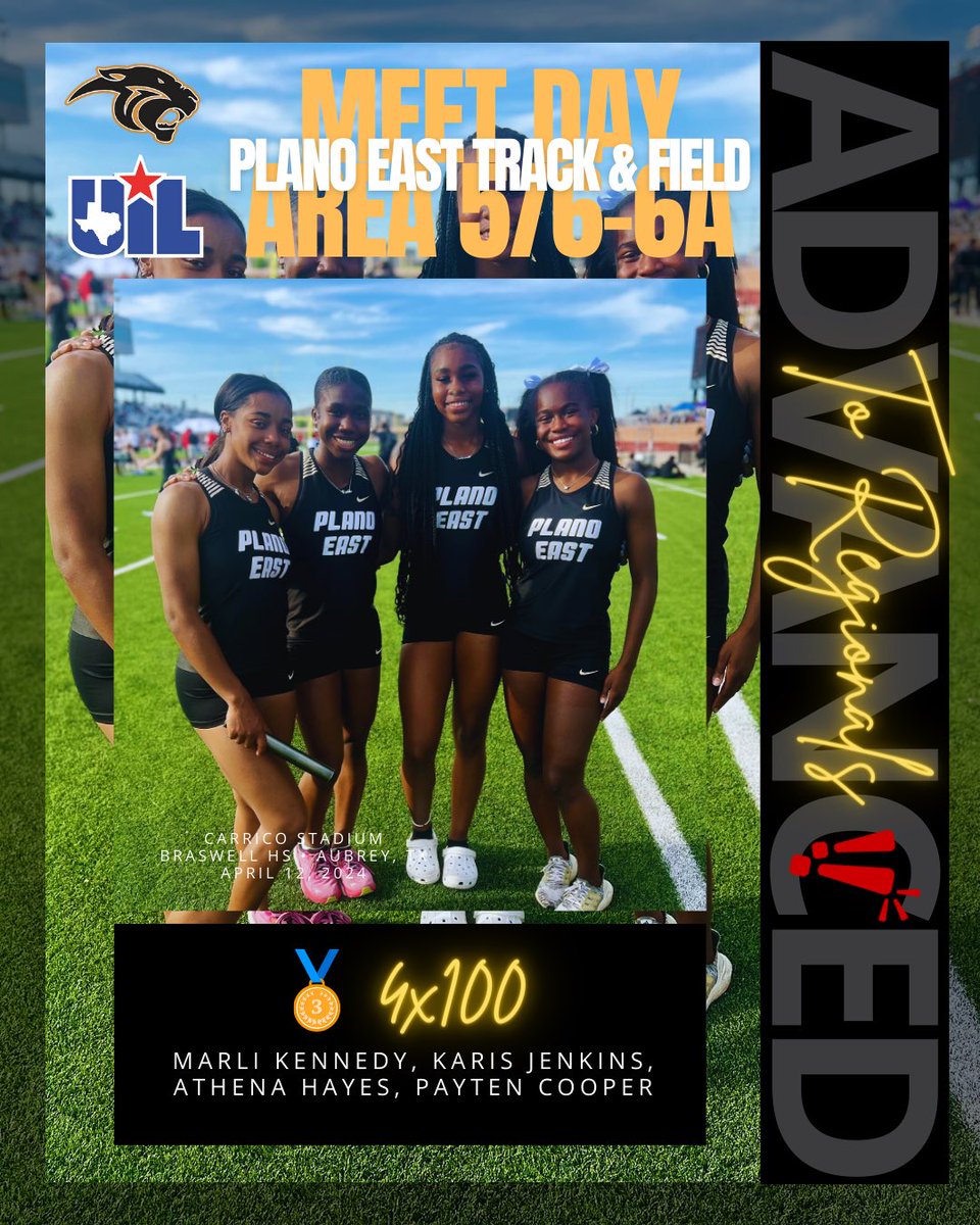 Our 4x100M Relay Girls take 🥉 in Area 5/6-6A 🐾💛🖤 Congrats Marli, Karis, Athena & Payten on Advancing to Regionals ‼️🎉 @PISDAthDept @EastPanthers1 @CoachReedXCTF