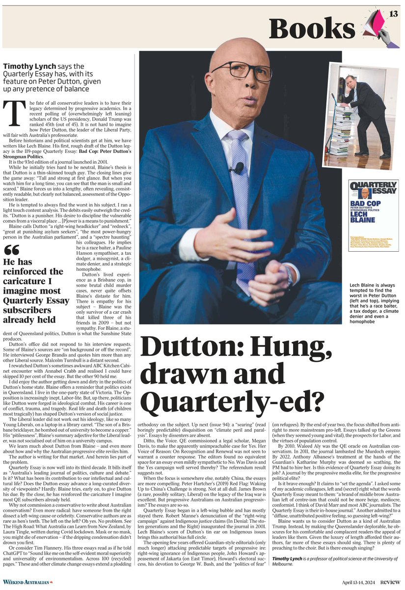 My review of @PeterDutton_MP's treatment by the Quarterly Essay: theaustralian.com.au/arts/review/pe…