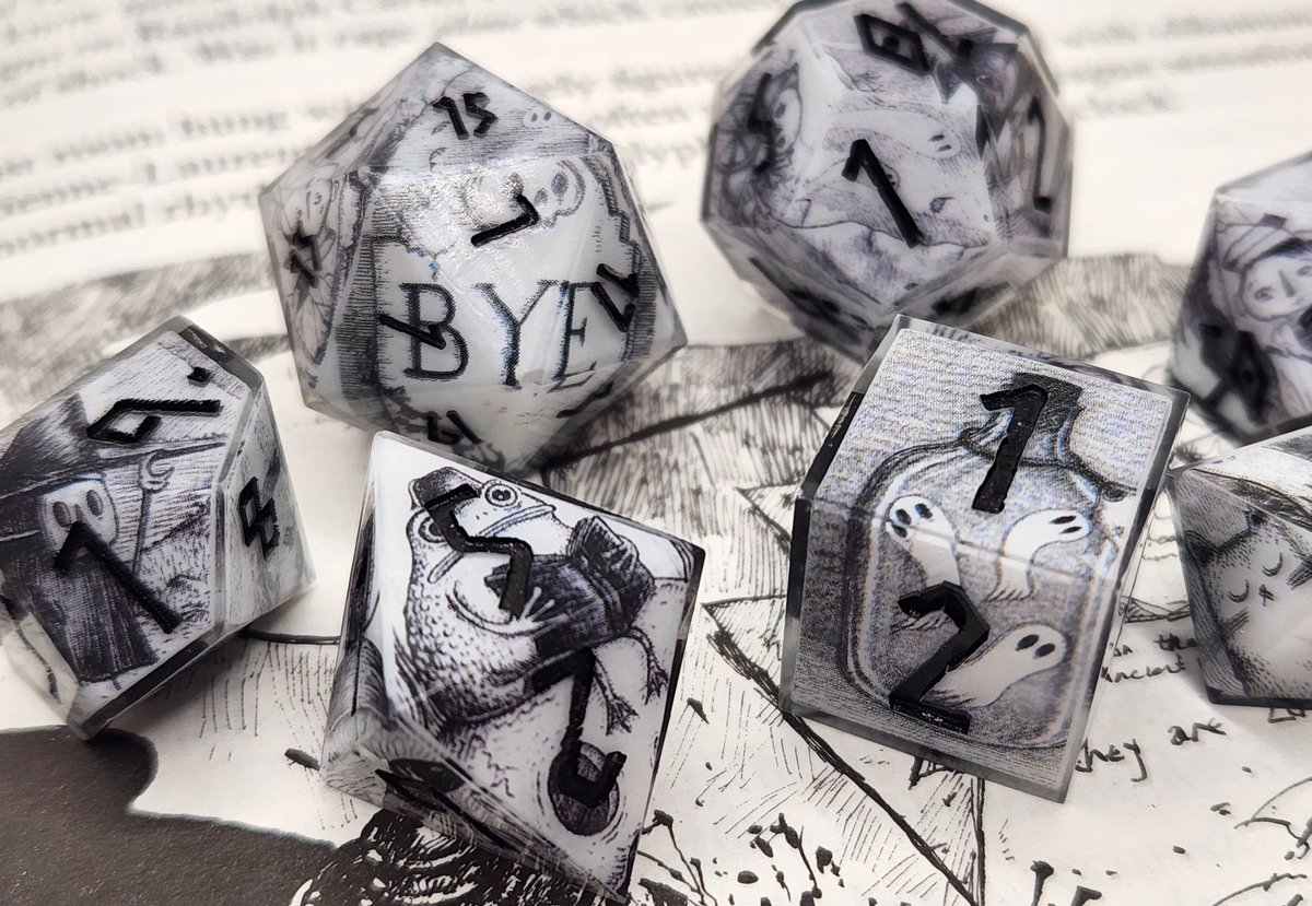Ghost Stories Dice Set ● Black Norse Numbering I think the reading frog is my absolute favorite 🐸 #dnd #ttrpg #handmadedice #dice #dungeonsanddragons