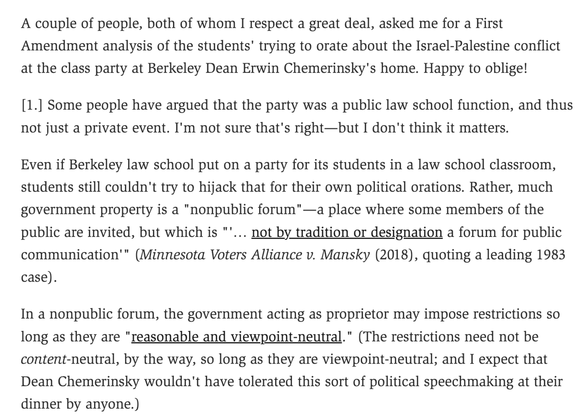 'Students Don't Have a Right to Use Public University Social Events for Their Own Political Orations,' via @VolokhC. cc:@sfmcguire79 reason.com/volokh/2024/04… Opening paras: