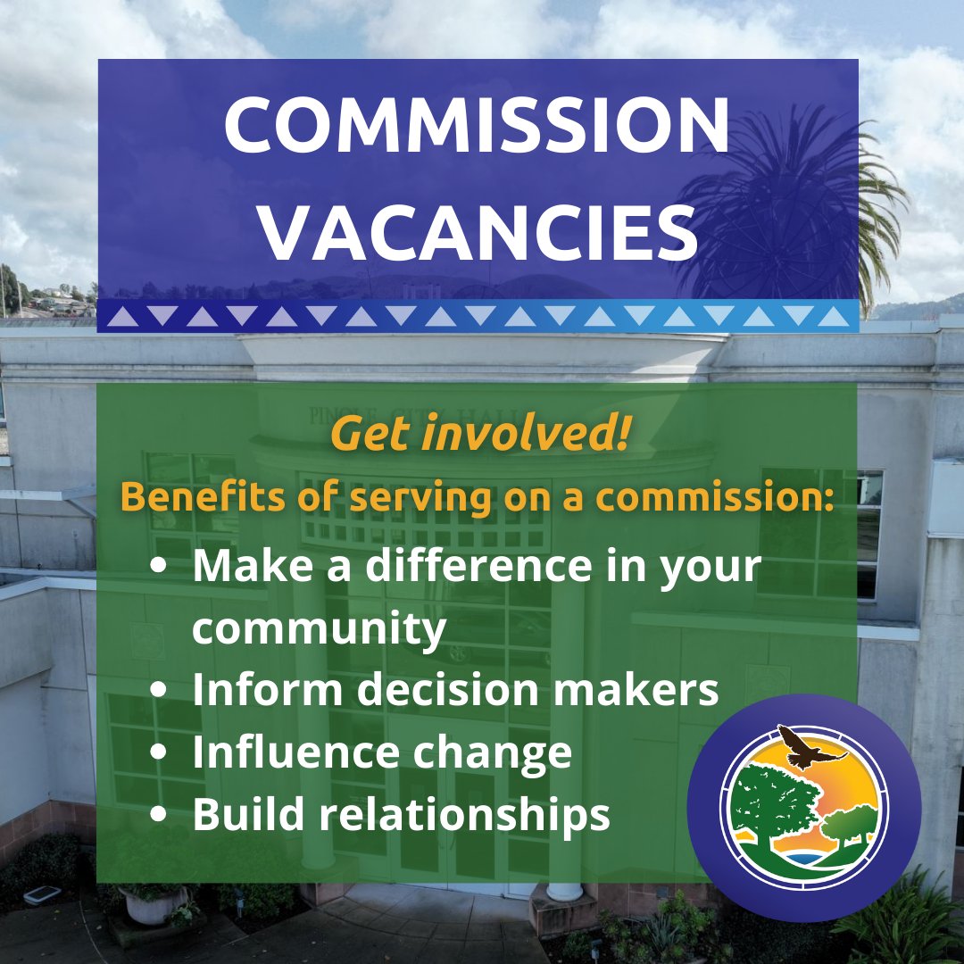 The City of Pinole has the following vacancies: ✅Community Services Commission ✅Traffic and Pedestrian Safety Committee (TAPS) ✅Planning Commission For more info and to apply, visit our website: ci.pinole.ca.us/city_governmen… #commission #vacancy #cityofpinole #citycouncil