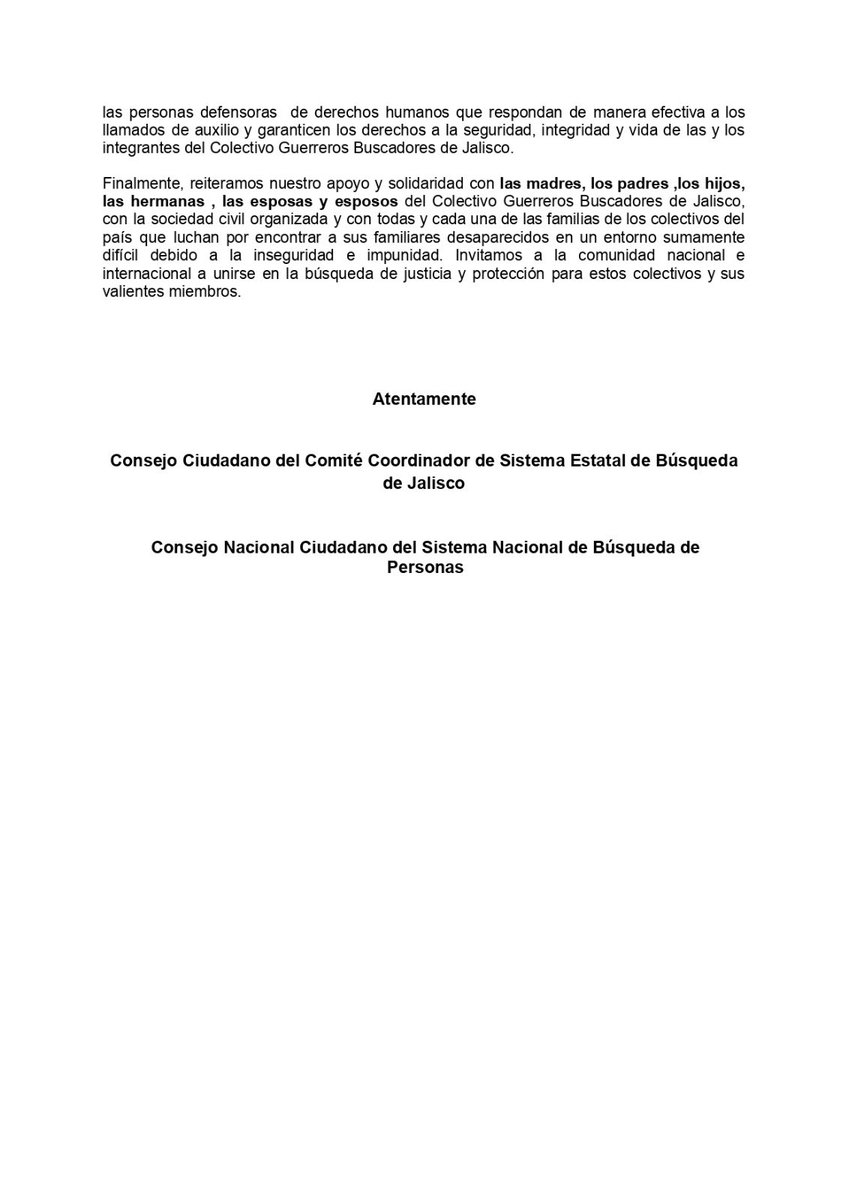 🔴 PRONUNCIAMIENTO 🔴

El Consejo Nacional Ciudadano del SNB  y el @CCBusquedaJal  expresan su total apoyo y solidaridad al colectivo Guerreros Buscadores de Jalisco ante los acontecimientos ocurridos el 10 de abril de 2024.