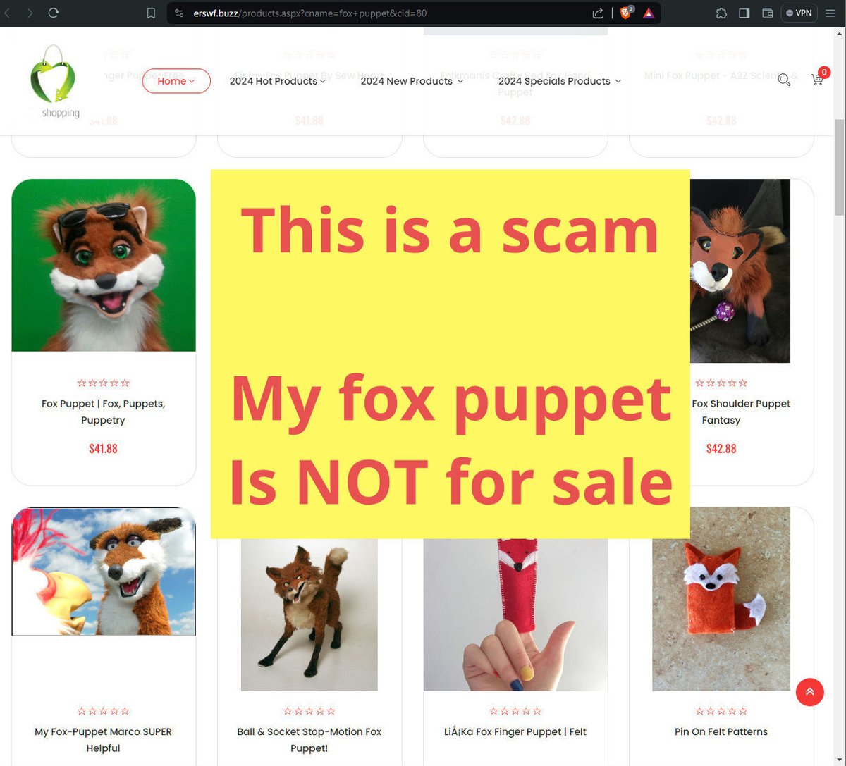 Tiohkatrah's tweet photo. Here's a scam-shop that claims to sell puppets - including my self-made fox puppet Marco. He's not for sale. #scam #scammer #puppet https://t.co/YLnW8UVYiX